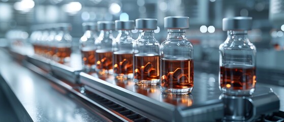 Expansive shot of innovative pharma packaging, crystal-clear vials with potent medicines, capturing the essence of cutting-edge healthcare, hyper-realistic CG 3D render