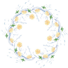 Lemon and mint in splashes of water framed in a round watercolor illustration frame on a white background. Hand drawn water drops for illustration of fresh fruits, lemonades, drinks, restaurant menu d