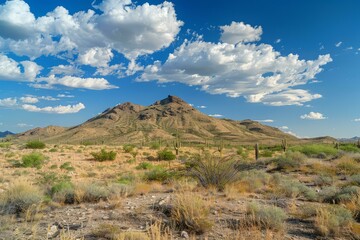 Expansive view of a desert mountain peak with lush desert flora under a cloudfilled sky