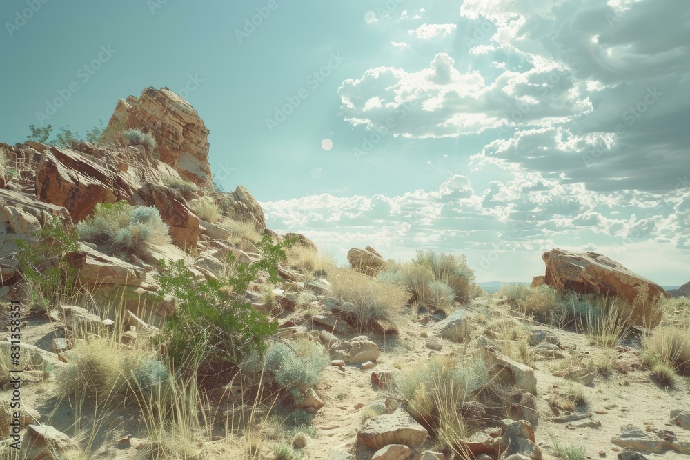 Canvas Prints Peaceful scenery of a desert with rock formations and sunlit clouds