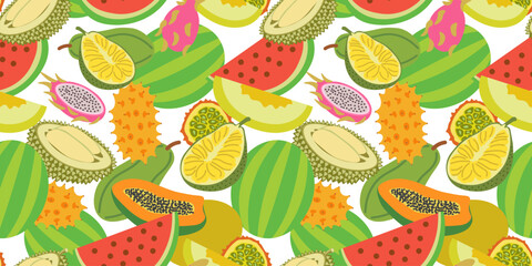 color isolated seamless pattern exotic fruits and berries in flat shape style in vector. template for backdrop textile wallpaper wrapping background print decor design