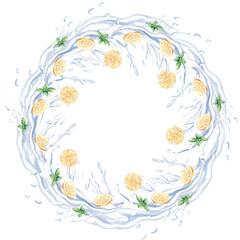 Lemon and mint in splashes of water framed watercolor illustration frame on a white background. Hand drawn water drops for illustration of fresh fruits, lemonades, drinks, restaurant menu design.