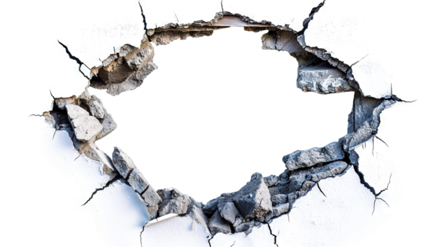 Hole breaking through white wall, cut out