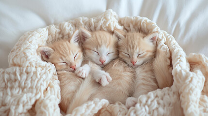 Adorable Kittens Sleeping on Soft Blanket with Copy Space