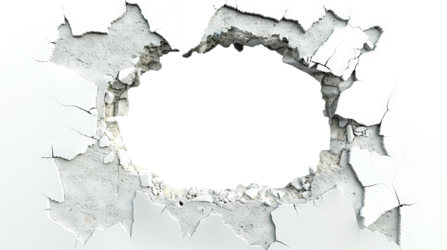 Hole breaking through white wall, cut out