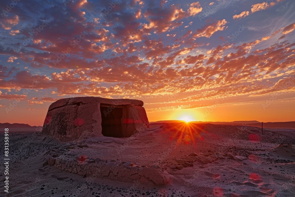 Canvas Prints Vivid sunset illuminates the sky above a weathered desert adobe structure