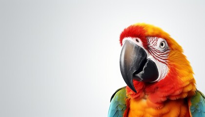 Cheerful parrot with colorful feathers, grinning beak, posed against a bright white backdrop, suitable for educational content