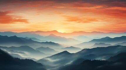 Fototapeta premium Photography of layered mountain silhouettes against a vibrant sunset sky, capturing the deep oranges and reds fading into dusky blues