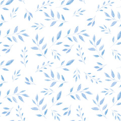 Seamless watercolor floral pattern - blue leaves and branches composition on white background