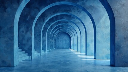 Fototapeta premium Abstraction, futuristic background, concrete arch. Night view of the tunnel, portal. Staircase up.
