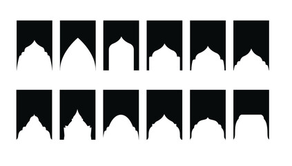 Arabic shapes windows and arches traditional ornament. Set of Islamic shape window frame in retro boho color. Vector