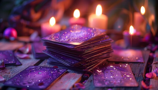  - A fortune teller interprets tarot cards illuminated by flickering candlelight, casting an ethereal purple glow., The scene captures the essence of fortune telling, where tarot cards and candles gui