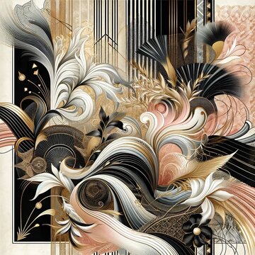 An abstract pattern inspired by French fashion style, with elegant palette of black, blush pink, gold and soft white, evoking glamour, creativity and elegance of French fashion