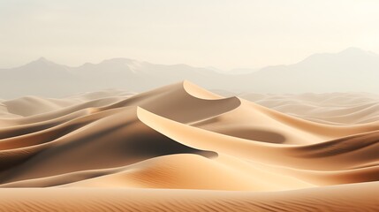 Expansive desert landscape with rolling sand dunes under a hazy sky.