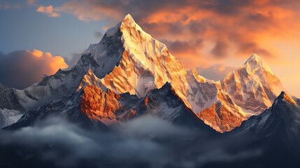 Majestic snow-capped mountain peak bathed in golden sunset light.