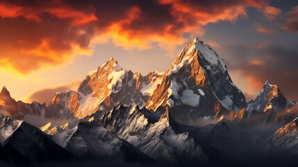 Majestic mountain peaks with snow capped summits under a dramatic fiery sunset sky.