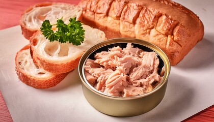 Tuna fillets in a can on a table with bread