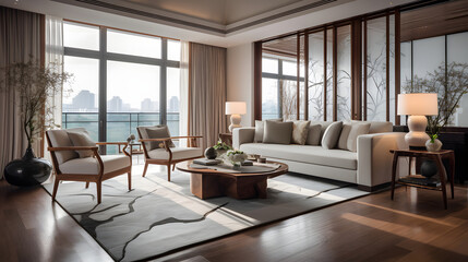 Fototapeta premium Luxurious Living Room with Elegant Furniture and Floor-to-Ceiling Windows