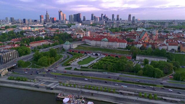 aerial view of the embankment of the city of Warsaw in Poland and the panorama of the city in the evening in spring