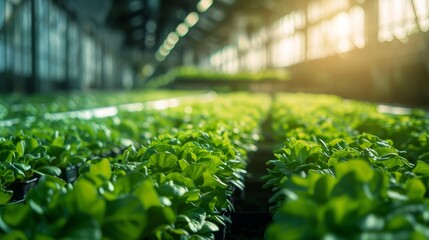 A row of green plants are displayed in blue containers