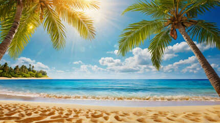Beautiful beach with a defocused background of sand and palm trees. summer trips.