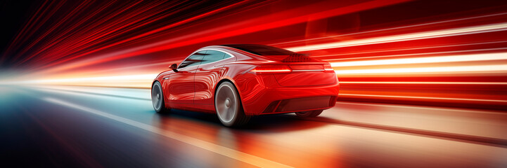 red car driving in motion, red car on high speed . red car rushing along a high-speed highway.banner