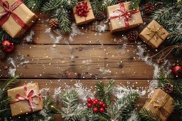 Fototapeta premium Festive gifts pine cones snow wooden table