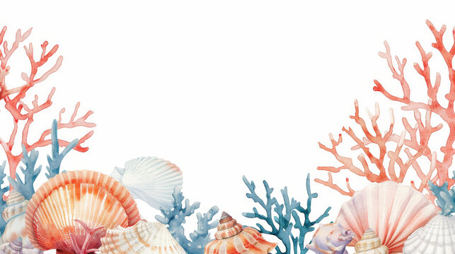 Watercolor painting coral reef ocean theme frame border on white background