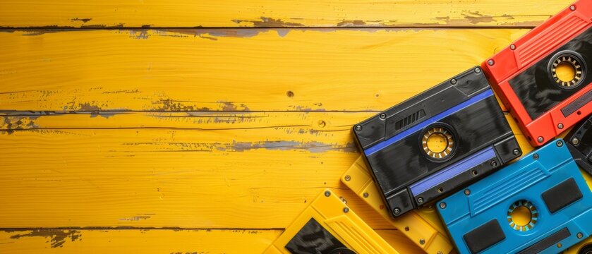 Retro cassette tape collection over yellow wooden table. top view. copy space