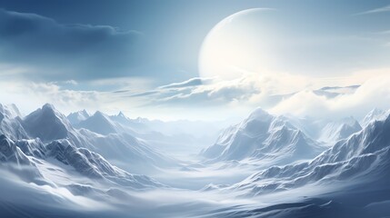 A stunning view of snow-capped mountains under a bright, ethereal moon.