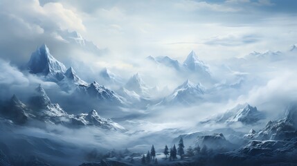 Snowy mountains and a river wind through a wintery landscape.