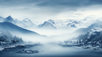 Fototapeta premium Misty mountains and a frozen river create a serene winter landscape.
