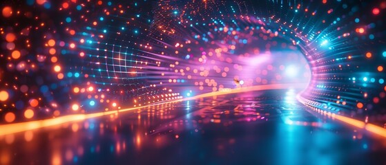 Fototapeta premium Long shot, abstract design background, futuristic technology illustration, outer space theme, glowing grids and neon lights, digital artistry, cosmic depth, photorealistic finish