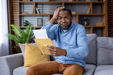 A man on a couch at home looks shocked reading a letter. His hand on his head shows a worried and...