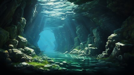 Sunbeams illuminate an underwater cave, revealing a world of mystery and beauty.