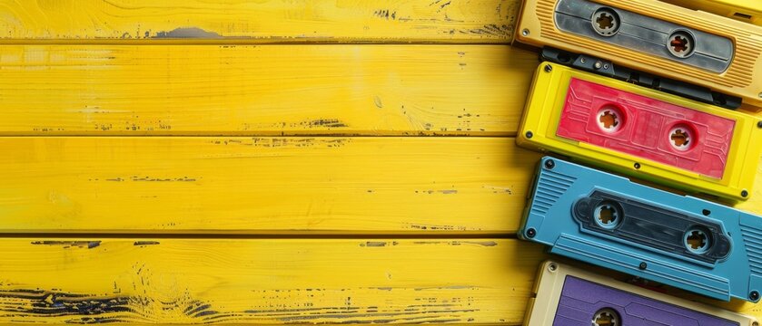 Retro cassette tape collection over yellow wooden table. top view. copy space