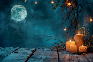 Wooden table candles full moon