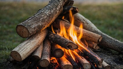 A robust campfire with flames rising high, set outdoors among logs. The fire provides a warm and inviting glow in the natural surroundings.
