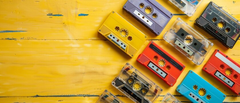 Retro cassette tape collection over yellow wooden table. top view. copy space