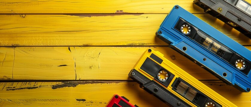 Retro cassette tape collection over yellow wooden table. top view. copy space