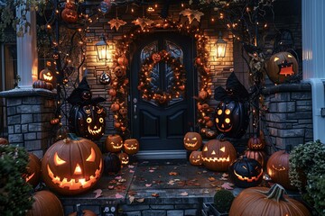 Front door adorned with pumpkins and illuminated