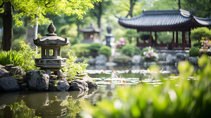 Serene Japanese Garden with Lush Greenery and a Small Pond - Powered by Adobe