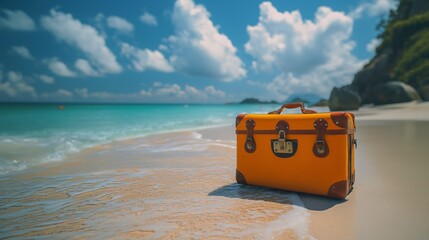 Yellow luggage suitcase on the beautiful beach with white sand. Vacation on beautiful white beach. 3d render. Vacation concept. Luggage concept. Travel concept