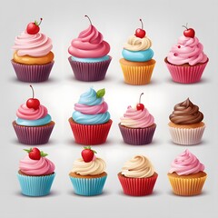 
cupcakes set of 3d icons on white background