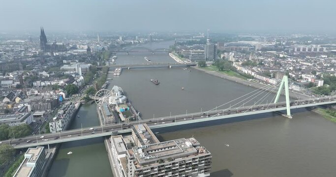 City view over Cologne, north hine westphalia, rhine river and bridges infrastructure, city skyline, we see the severingsbrucke, deutzer brucke and the sudbrucke.