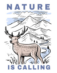 Mountains and deer vector. Nature landscape travel sketch.