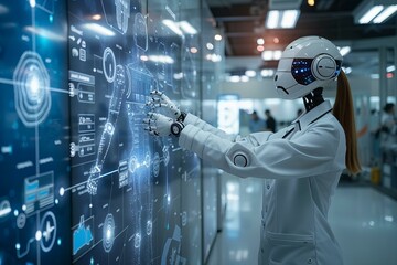 Female scientist in white lab coat interacting with a large screen