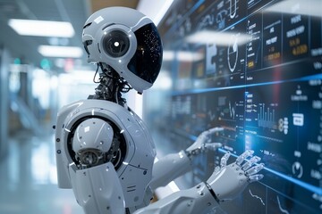 Fototapeta premium Robotic hand touching digital display