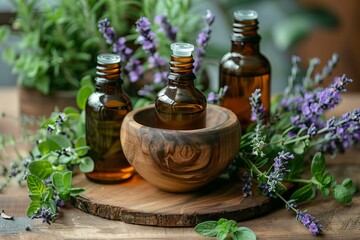 Bottles of essential oils and herbs on a wooden table