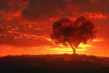 Lone tree stands on hill under red sky